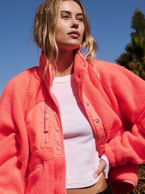 NWOT! Free People / FP Movement Hit The Slopes Fleece Jacket in Neon Coral